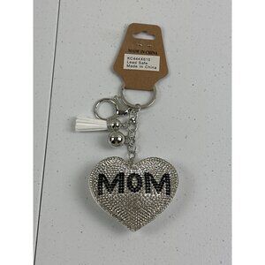 Sparkly Bling "Mom" Heart Keychain With Tassel & Bell - Lead Safe